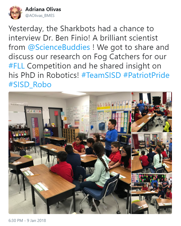 Teacher tweets about her students meeting online with robotics expert, Ben Finio