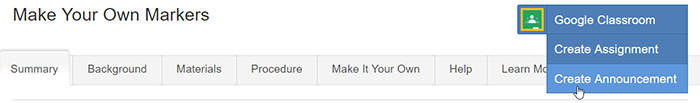 Google Classroom create announcement option