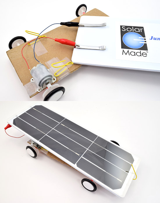 Solar panel attached to motor wires and secured to chassis on solar car