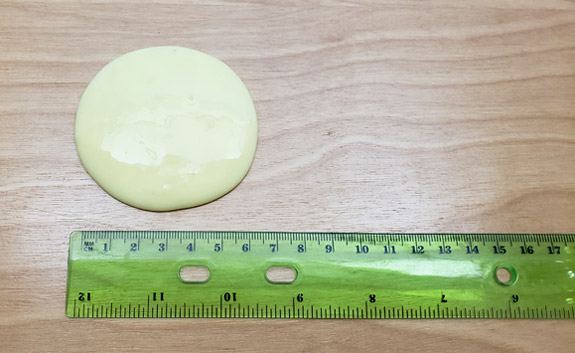A circular puddle of slime next to a ruler.