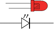 a red LED (top) and the schematic symbol for an LED (bottom)