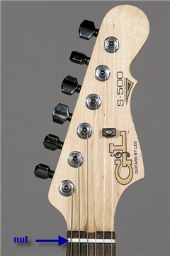 Detail view of an electric guitar headstock, showing the nut and tuning machines.