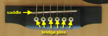 Detail view of an acoustic guitar bridge, showing the bridge pins and saddle.