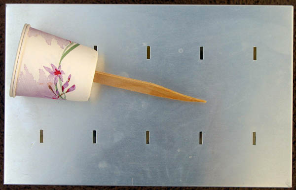This photo shows the test instrument, a sharpened Popsicle stick attached to two paper cups, lying on its side on top of the lid of a gelatin mold.