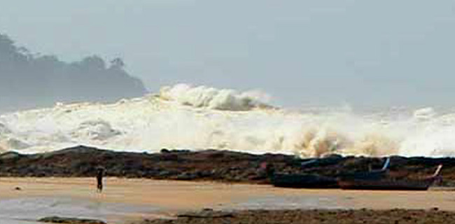 Ocean Science fair project image shows one of the waves in the 2004 Indian Ocean tsunami hitting the shore in Thailand. (www.andaman.org, 2004.)