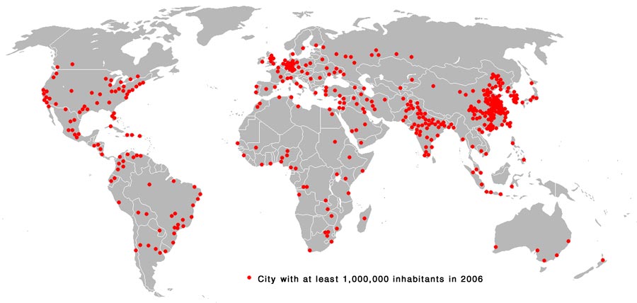 Map of the world overlaid with red dots which represent cities that have a population of over one million people