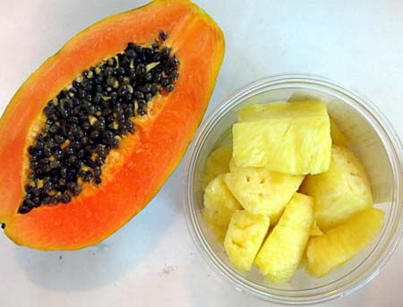 Papaya and pineapple contain proteases that cut up gelatin.