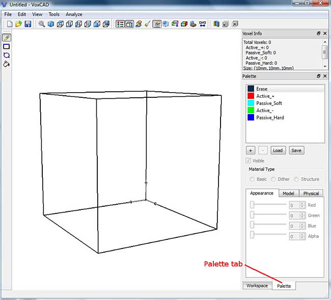 Palette tab in VoxCAD