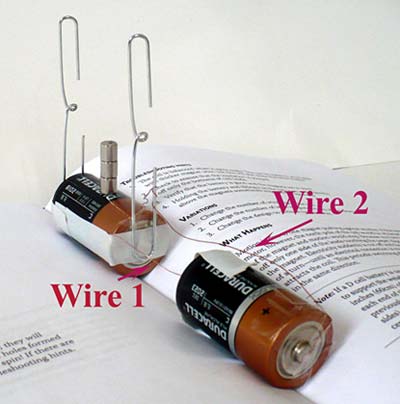 The simple electric motor powered by two batteries connected in series.
