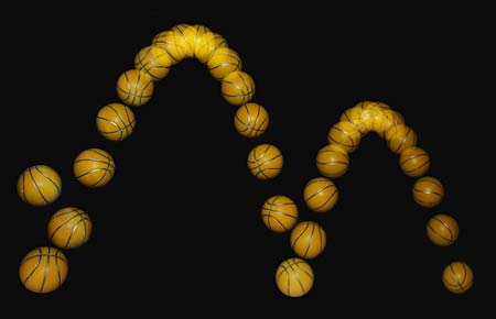 Images of a bouncing ball taken with a stroboscopic flash at 25 images per second