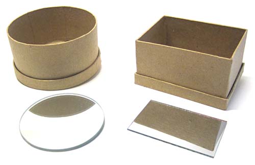 A circular and rectangular paper mache boxes and mirrors for making infinity mirrors.
