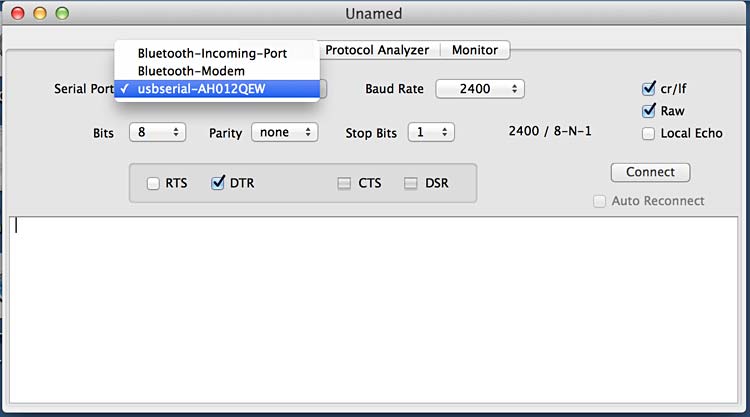 Screenshot of the program SerialTools recognizing a RFID reader that is plugged into a computer