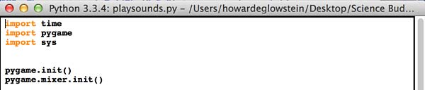 Screenshot of code used to initialize pygame's sound mixer in Python