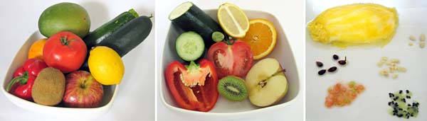 Photographs of fruit whole, cut open, and isolated seeds.