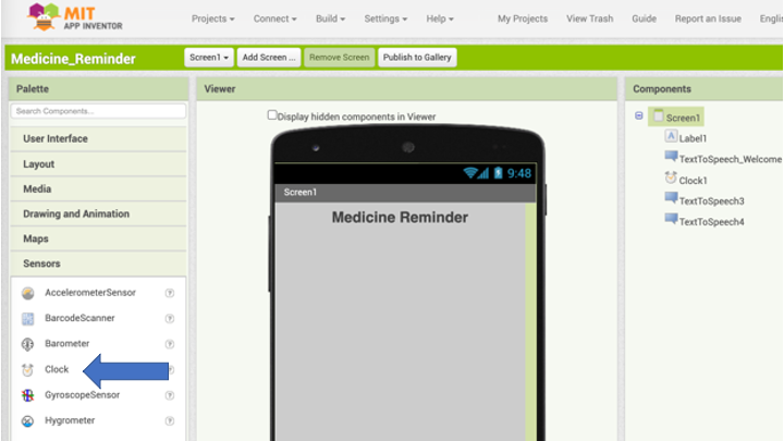 The <i> Clock</i> component of App Inventor can be found under the <i>User Interface</i> list in the Designer Mode pallet