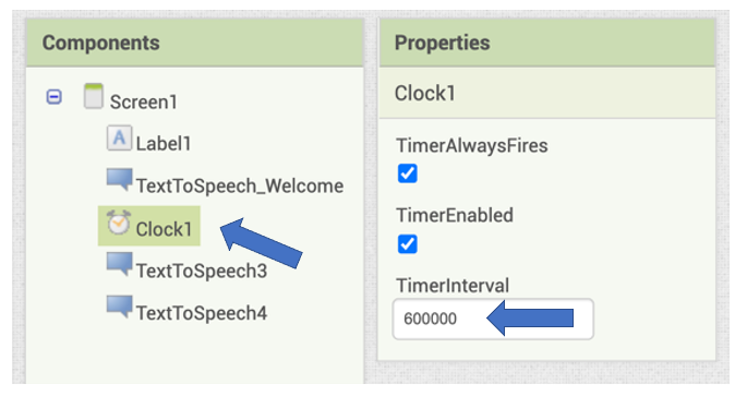 The interval between consecutive <i>Clock</i> events can be specified in the properties section of the <i>Clock</i> component