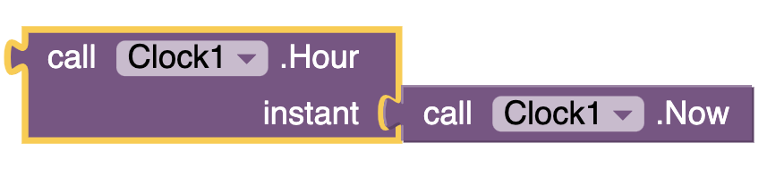Combining <i>Clock</i> blocks allow easy access to the hour of the current time as a number from 0 to 23 (midnight till 11pm).