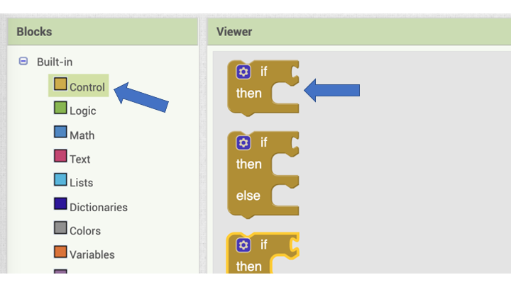 <i>Control</i> blocks are used in App Inventor to direct the app.