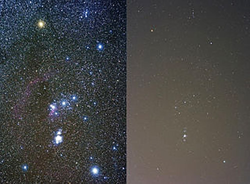 Image of the constellation Orion visible against a dark sky next to an image of the constellation blurred by city lights