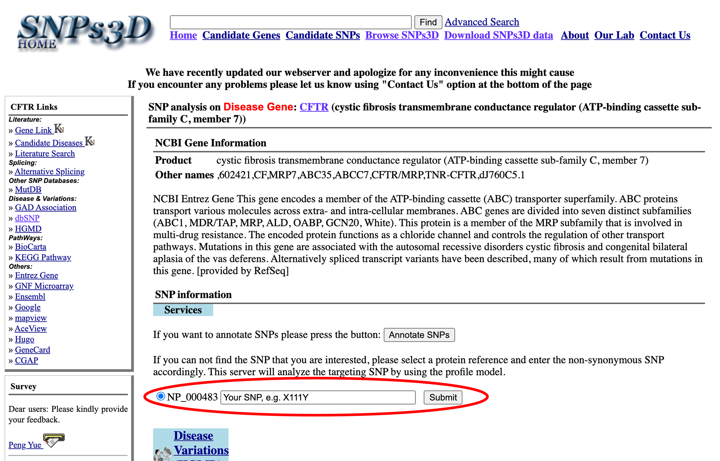 Screenshot of the SNPs3D gene page for CFTR