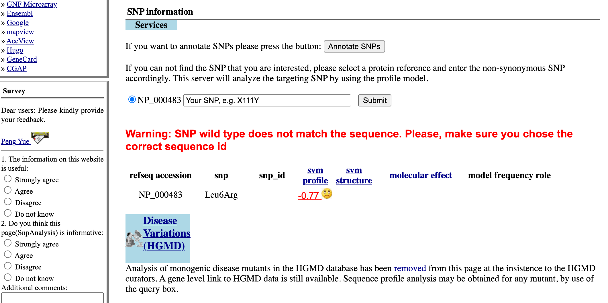 Screenshot of the SNPs results page for the CFTR gene on the website snps3d.org