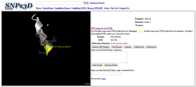 Screenshot of the SNPs3D gene page for CFTR