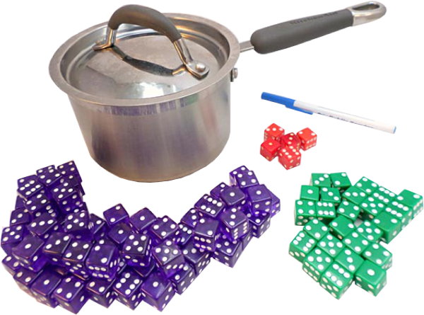 Image of pot, 100 dice, and pen needed for antibiotic resistance activity.