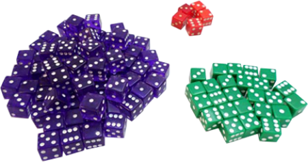 Image of different colored dice (red, green, purple).