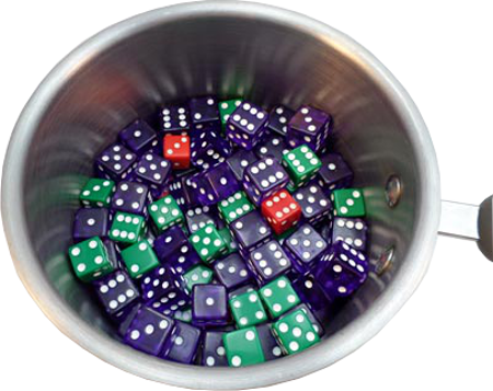 Differently colored dice in a pot.