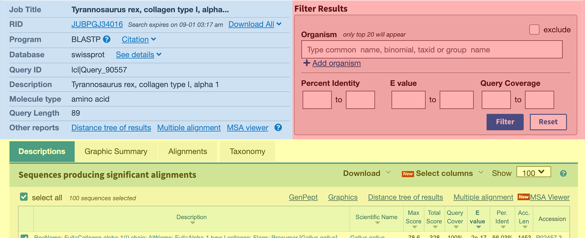 BLAST search results page based on query of T rex amino acid sequence.