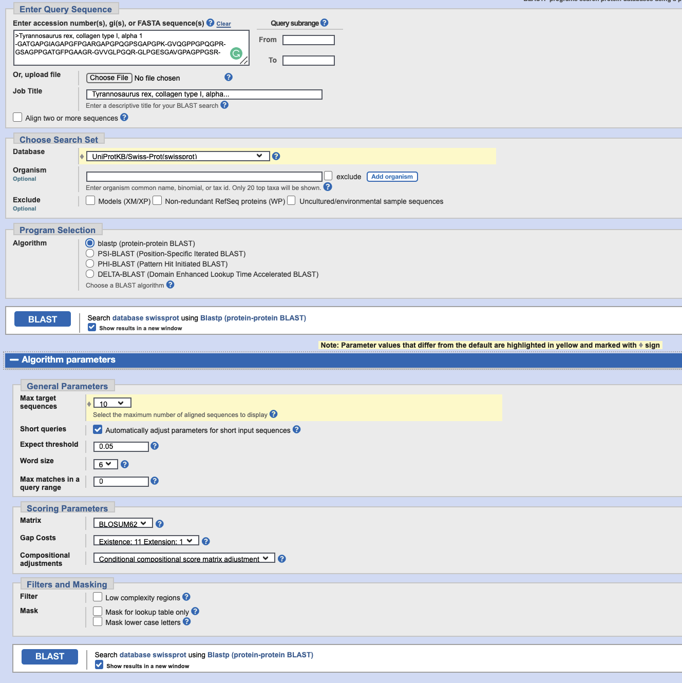 BLAST query using T. rex amino acid sequence.