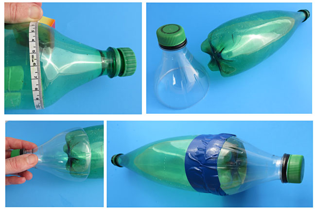 A collage illustrating the steps in creating an aerodynamic water bottle rocket with payload bay.