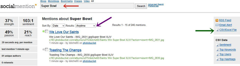 Socialmention allows to perform a social media search on a topic of interest for a specified time window.