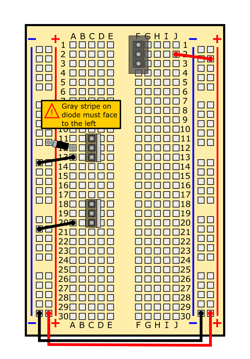 Insert diode into hole A12 and (-) bus. Gray stripe must face to the left.