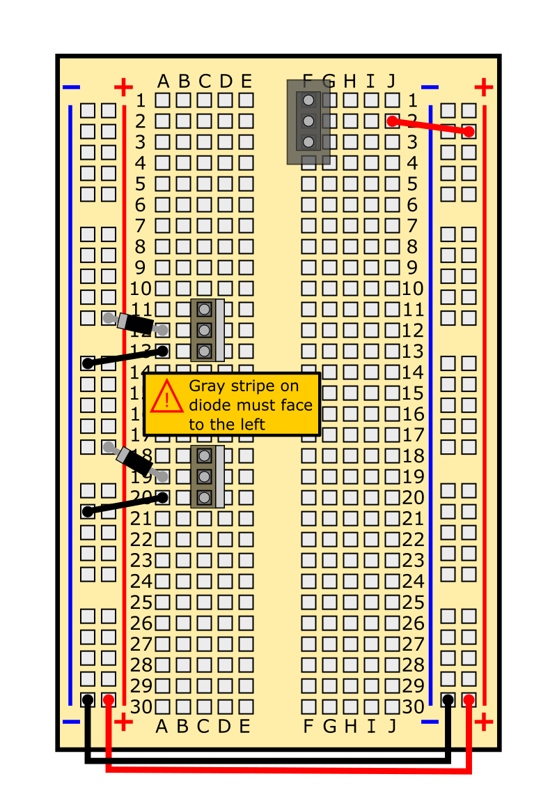 Insert diode into hole A19 and (-) bus. Gray stripe must face to the left.
