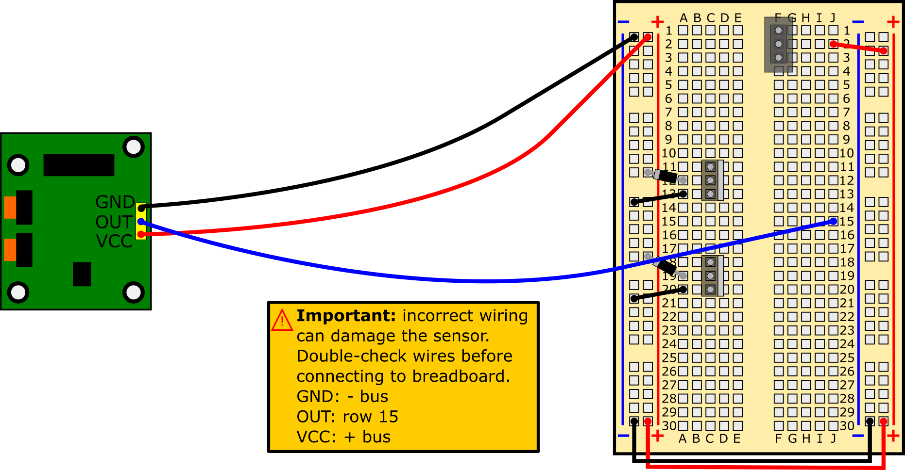 Connect PIR sensor: GND pin to (-) bus, OUT pin to J15, VCC pin to (+) bus.