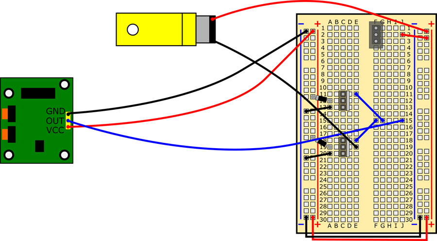 Connect top motor's red wire to (+) bus, black wire to hole E19.