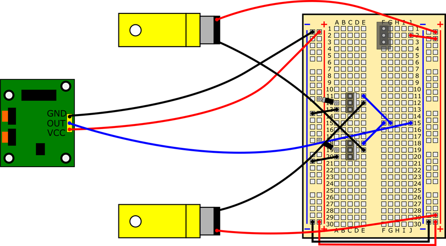 Connect bottom motor's red wire to (+) bus, black wire to hole E12.