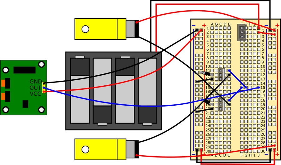 Connect battery holder's red wire to hole J1, black wire to (-) bus.