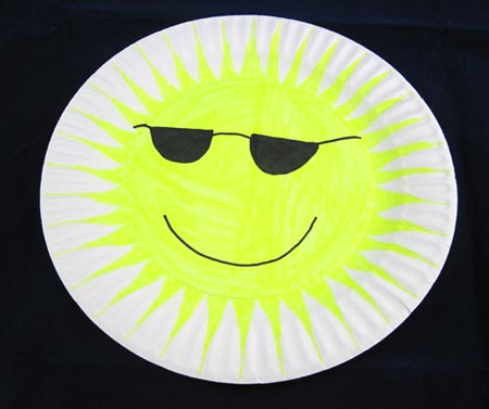 A green-yellow smiley face with sunglasses is drawn onto the surface of a paper plate