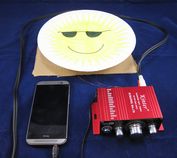 A smartphone, amplifier and paper speaker