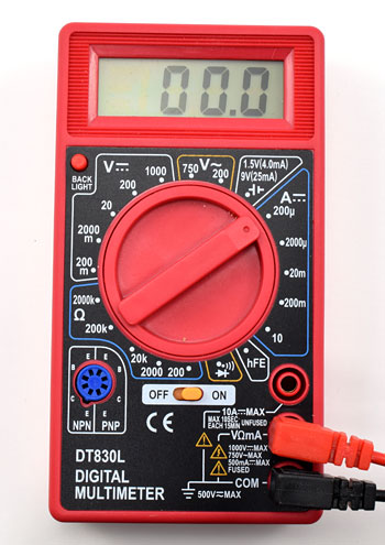 A multimeter with the dial set to 200 microamps