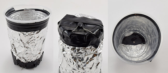 plastic cup wrapped in aluminum foil