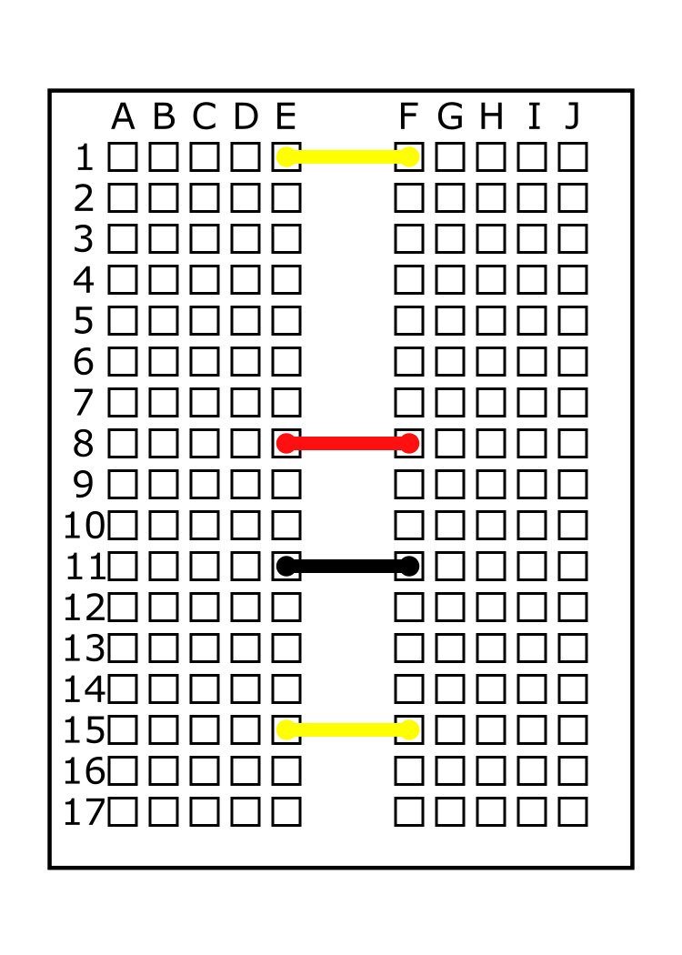 Yellow jumper wire E15 to F15