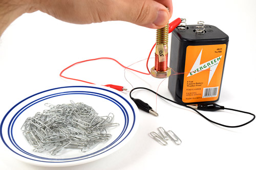 Disconnect alligator clip to drop paper clips.