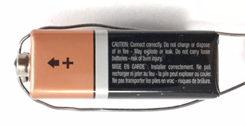Wire folded over 9V battery.