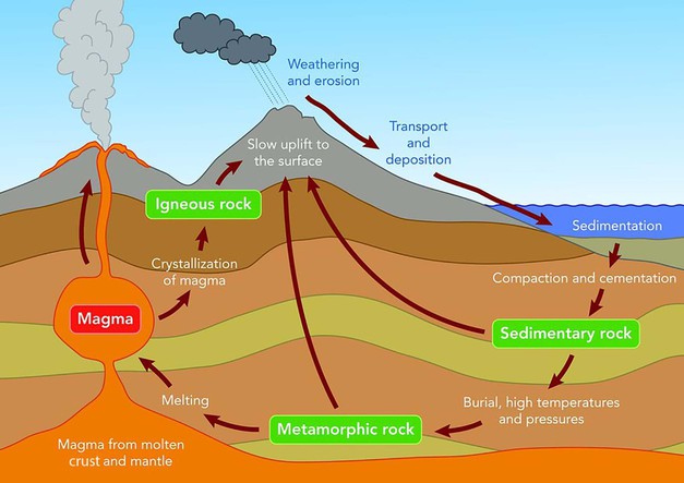 A colorful graphic image shows the rock cycle. Igneous rocks are formed from the cooling and crystallization of magma or volcanic eruptions (lava). Igneous rocks wear down from weathering and erosion into sediments that become sedimentary rocks through deposition and lithification. Through heat, pressure and stress, sedimentary rocks become metamorphic rocks. Metamorphic rocks may either melt into magma or break down into sediments from weathering and erosion. So the cycling of material continues between igneous, sedimentary and metamorphic rocks.