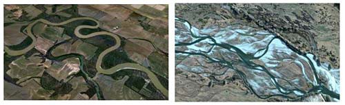 Aerial view of two rivers creating a snake like pattern on the left and a braided pattern on the right