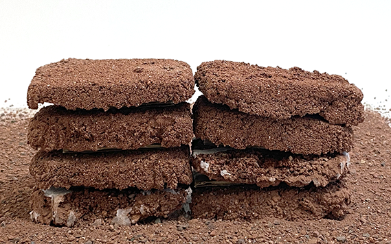 Two stacks of bricks simulating bricks from regolith on Mars