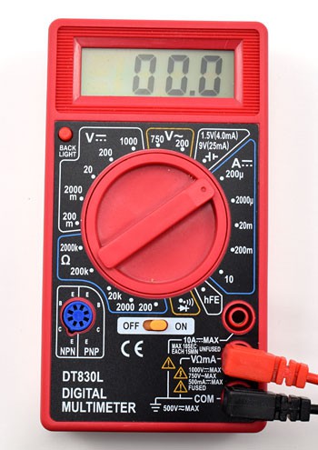 A multimeter with the dial set to 200 microamps